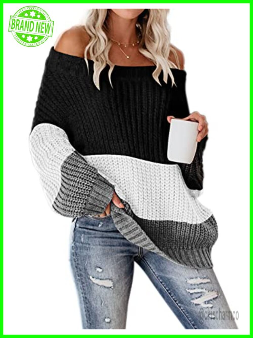 Off Shoulder Color Block Oversized Sweater Pullover Chunky Knit Long Sleeve